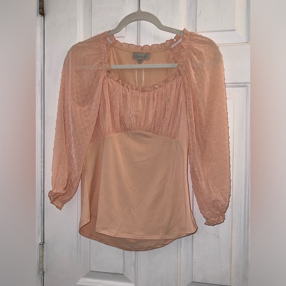 Size small pink peachy blush sheer frilly dot long sleeve blouse - Picture 2 of 5